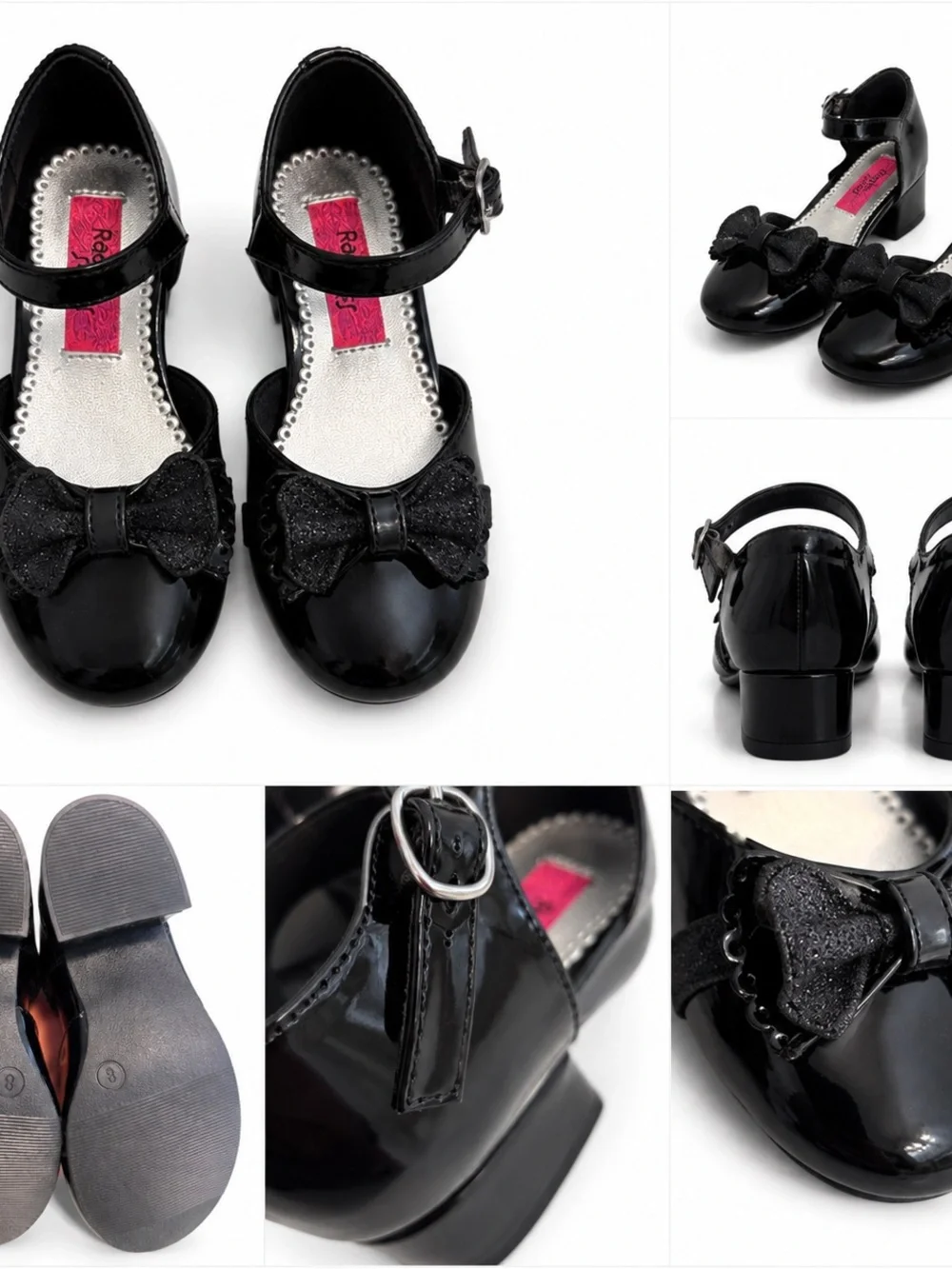 Rachel Shoes Girls Black Patent Glitter Bow Mary Jane Heels Size 8